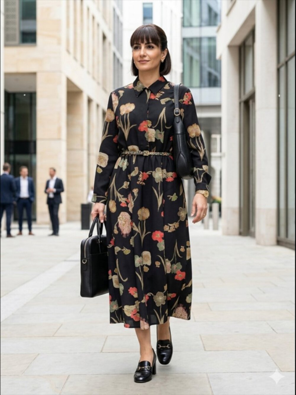 Beautiful vintage black and floral midi shirt dress by Randy Pantel - Picture 3 of 14